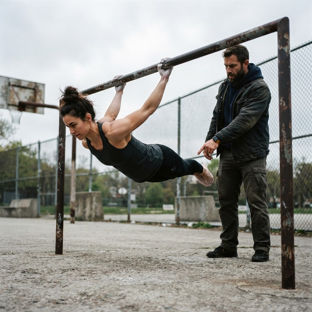 A coach giving form feedback to a woman holding a front lever progression on an outdoor park bar