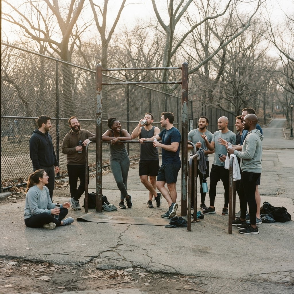 Members of the crew gathered around park pull-up bars talking after a workout