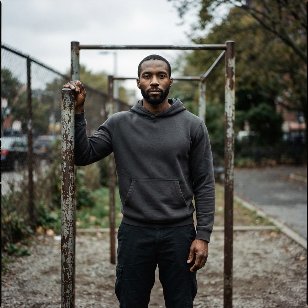 Portrait of the DawgLand Fitness founder standing with one hand on an outdoor pull-up bar